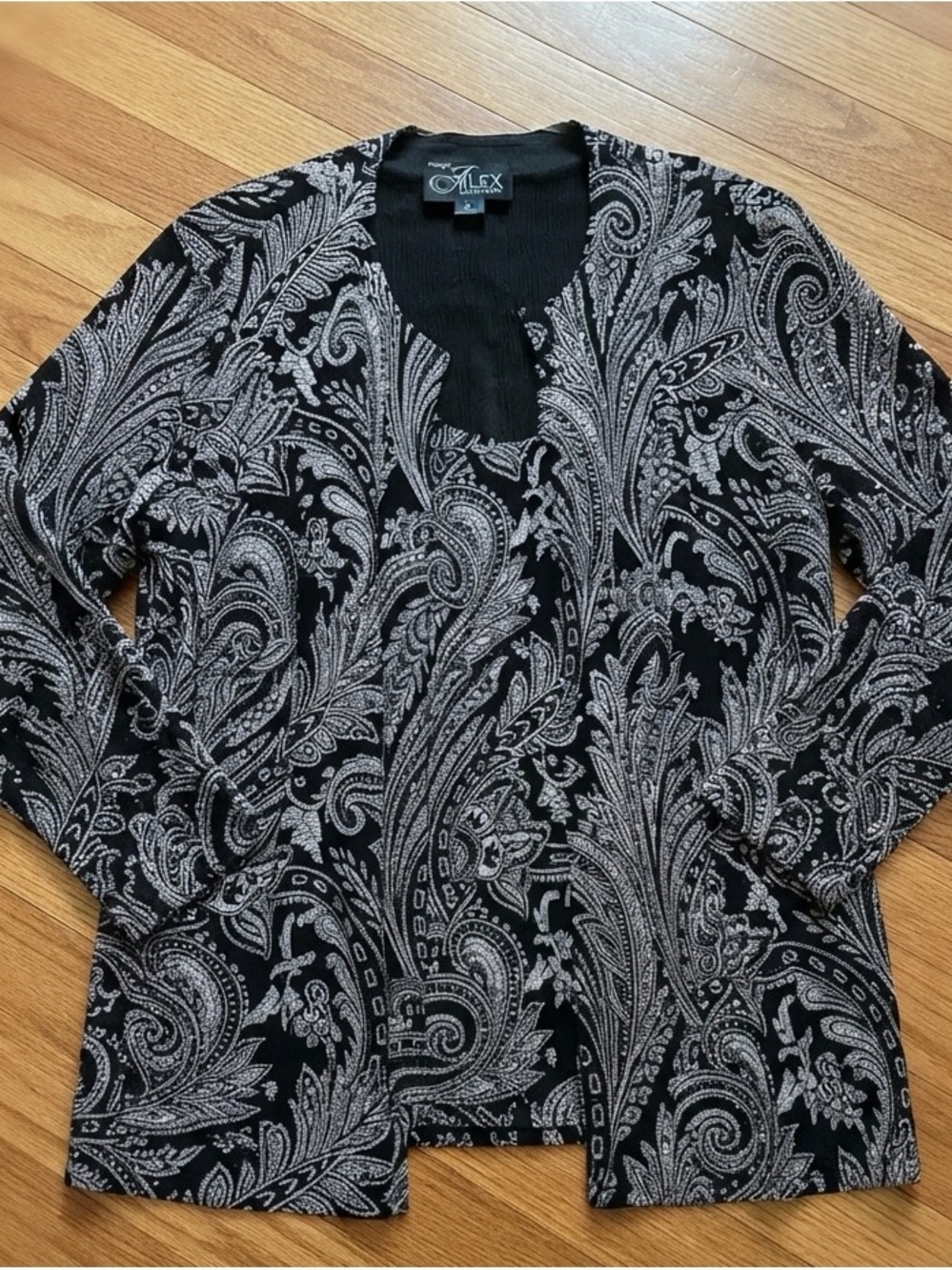 Alex Evenings Black Silver Paisley Twin Set Jacket Top 1X Glittery Formal